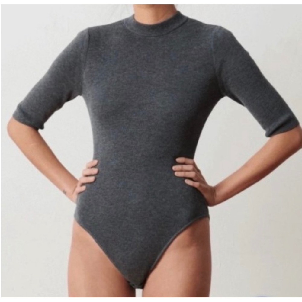 ADAY Like A Glove Bodysuit Merino Wool Blend Charcoal Grey Preppy Old Money S